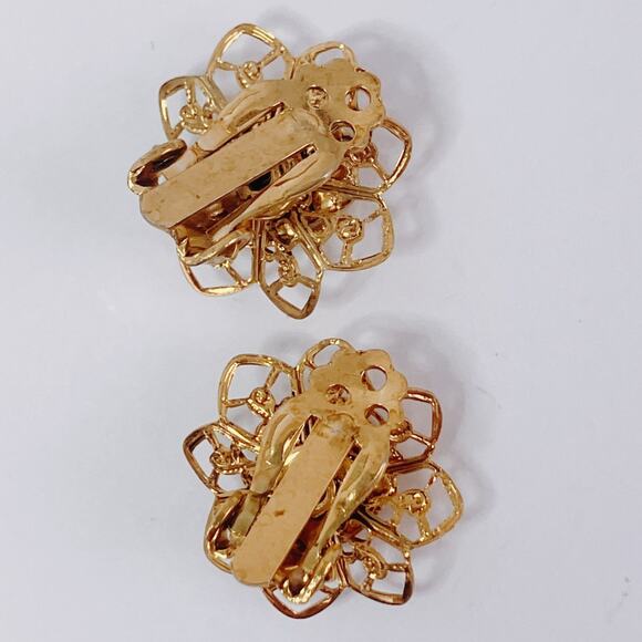 VTG Mid Century Gold Tone Filigree Clip On Earrings Transfer Art Print Glass 60s - Picture 8 of 11